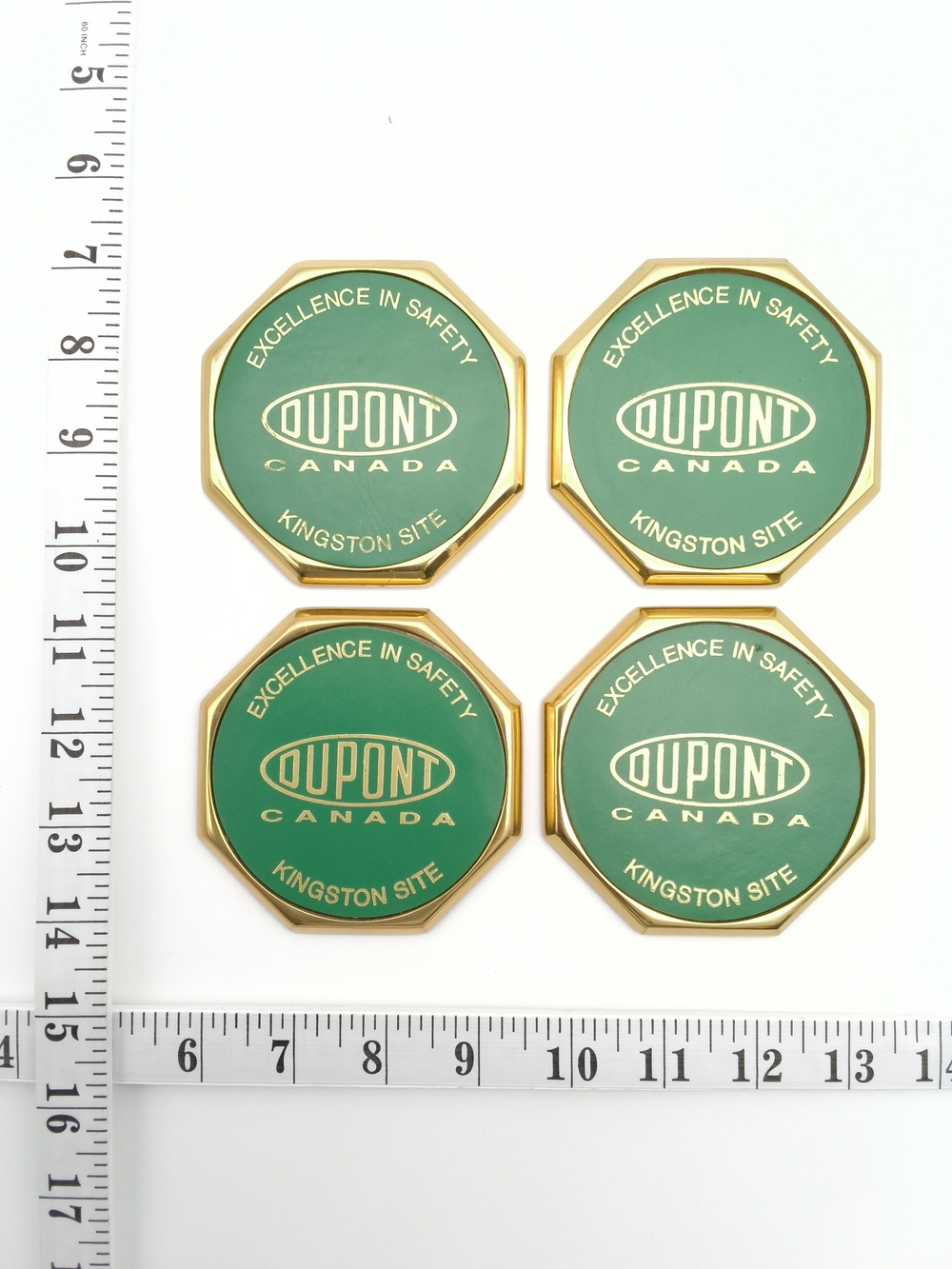 Vintage DuPont Canada Brass & Green Coaster Set with Wood Base – Kingston Site - Picture 3 of 10